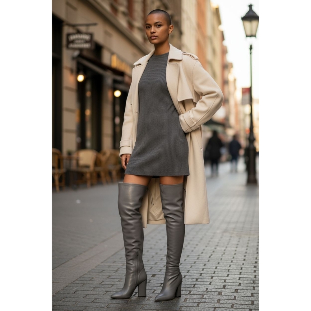 Sergio Rossi Sleek Ialian Leather Gray Over-the-Knee Boots